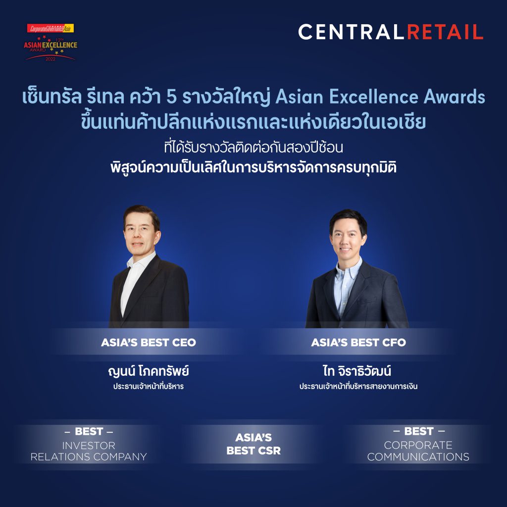 เซ็นทรัล รีเทล ขึ้นแท่นค้าปลีกแห่งแรกและแห่งเดียวในเอเชีย คว้า 5 รางวัลใหญ่จาก Asian Excellence Awards 2022 ติดต่อกันสองปีซ้อน พิสูจน์ความเป็นเลิศในการบริหารจัดการครบทุกมิติ